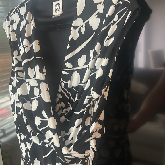 Anne Klein Black White Floral Sleeveless Surplice Wrap Midi Cocktail Dress Sz. M - Picture 6 of 17